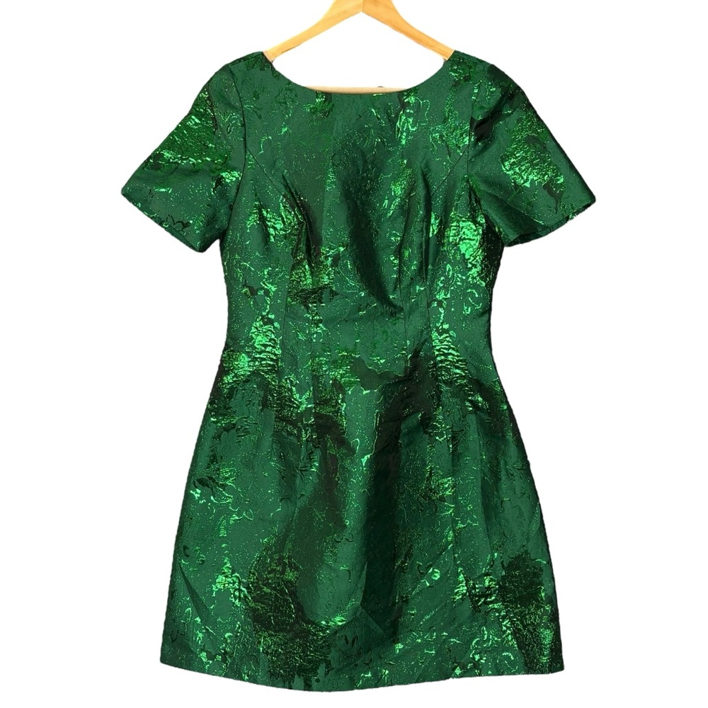 Belle Badgley Mischka dress emerald green metallic jacquard sheath 8